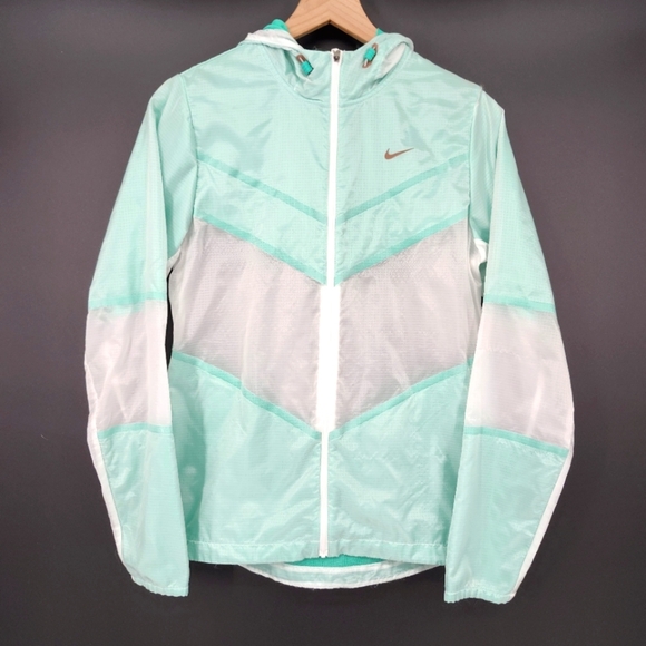 Nike Womens Running Jacket Size M Mint Green White Sheer Hood Lightweight - Picture 1 of 11